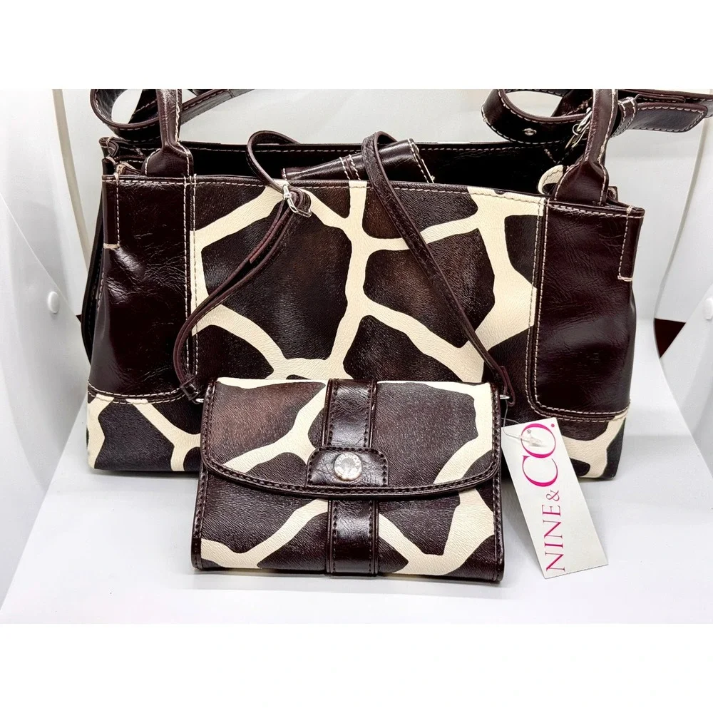 Nine & Co Giraffe Print Handbag and Wallet Set Brown Cream Y2K Vintage Purse - Picture 1 of 16